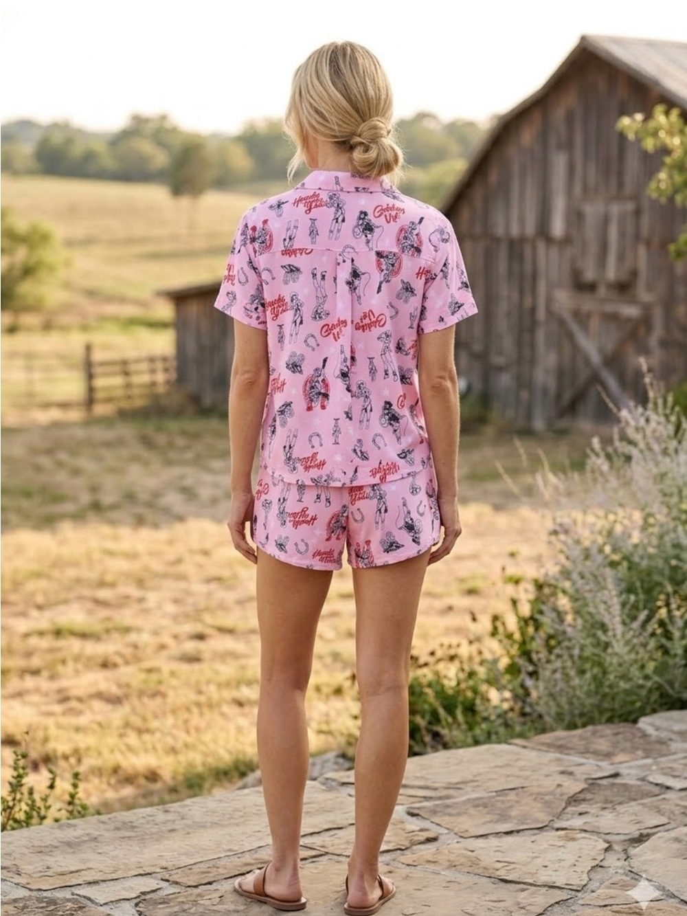 Women's Pink Vintage Cowgirl Theme Printed Short Pajama Set - Picture 2 of 14